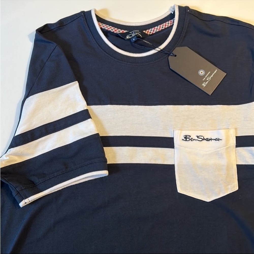 Ben Sherman Large Tee Shirt Crew Patch Pocket Blue White Stripe Navy Blue NWT